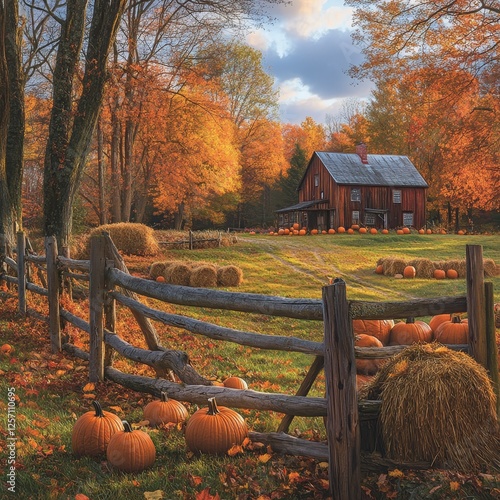 Autumn farm, pumpkins, hay bales, rustic house