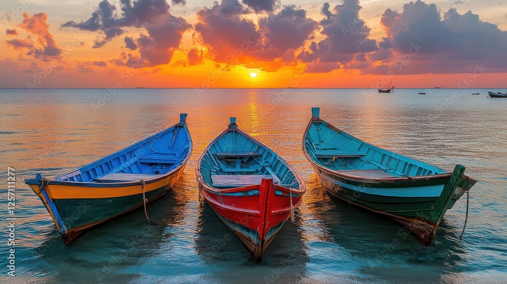 Tropical sunset, three boats, calm sea, island background, travel