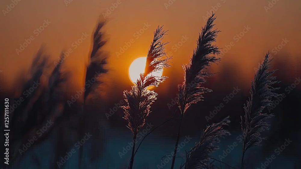 Obraz premium Sunset over a tranquil landscape with silhouetted grass, creating a serene atmosphere