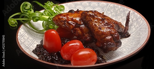roast chicken with vegetables. Red chicken wings on a porcelain plate with tomatoes Green onions placed on the side, Thai food, on a black background