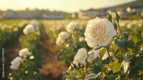 Fototapeta Naklejka Na Ścianę i Meble -  Blooming white roses in sunlit garden field