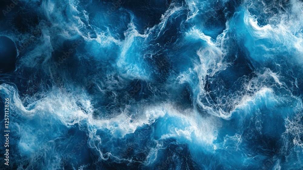 Aerial ocean view turbulent waves, whitecaps, blue water, background texture, design Aerial ocean view turbulent waves, whitecaps, blue water, background texture, design