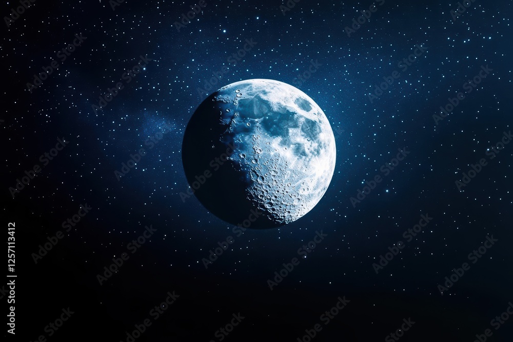 Fototapeta premium Bright blue moon shining in a clear night sky with stars and clouds visible in the background