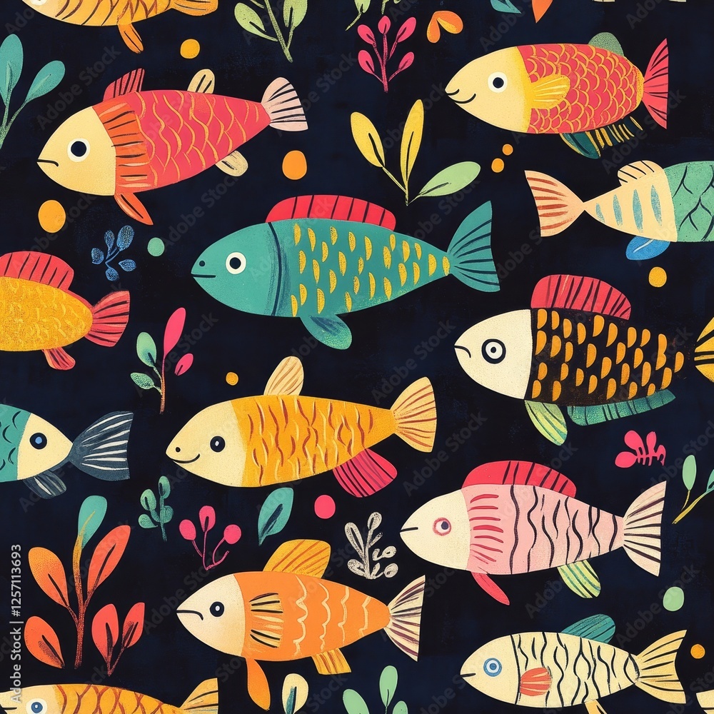 Fototapeta premium Colorful folk art painting of modern fish patterns for decoration bright underwater scene abstract design