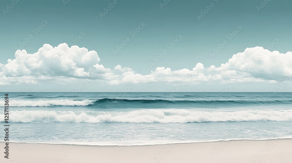 Serene Ocean Waves Rolling Onto Sandy Beach Under Cloudy Sky Serene Ocean Waves Rolling Onto Sandy Beach Under Cloudy Sky