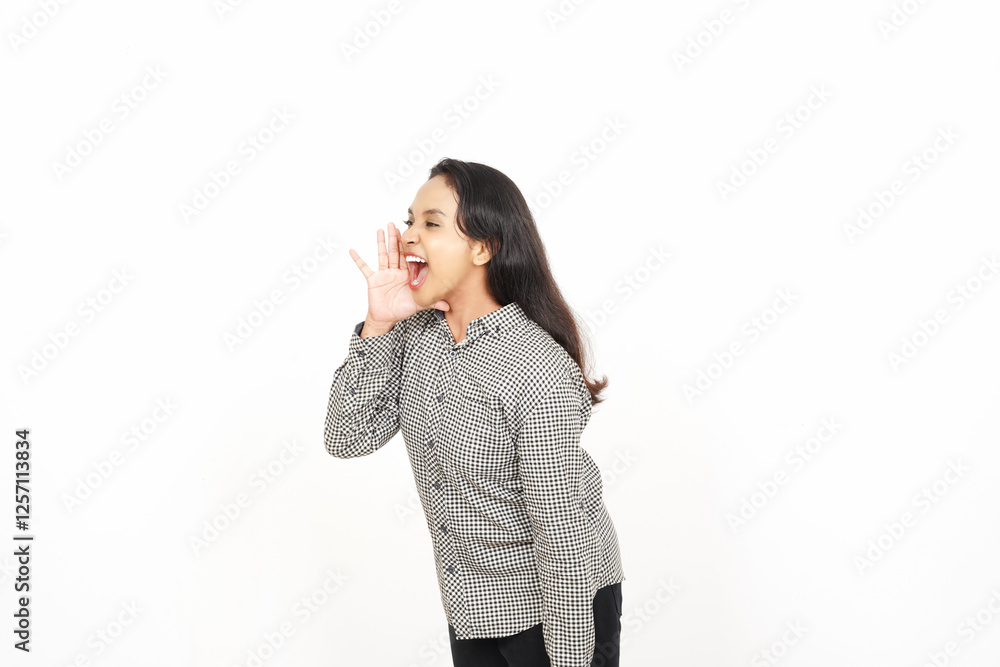 Smiling Hand over mouth shouting for to telling something announcement for sale promotion Of Beautiful Asian Woman Isolated On White Background Smiling Hand over mouth shouting for to telling something announcement for sale promotion Of Beautiful Asian Woman Isolated On White Background