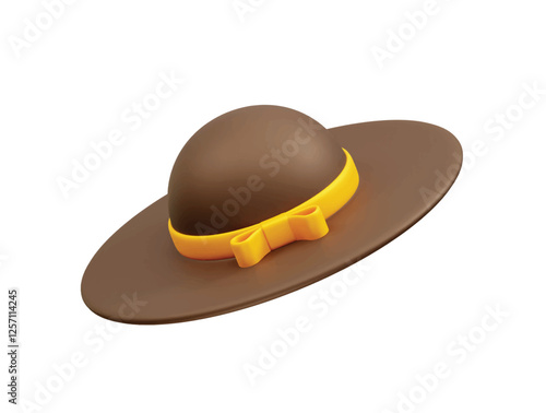 Brown Sun Hat with Yellow Ribbon icon 3d. Women hat icon 3d render illustration