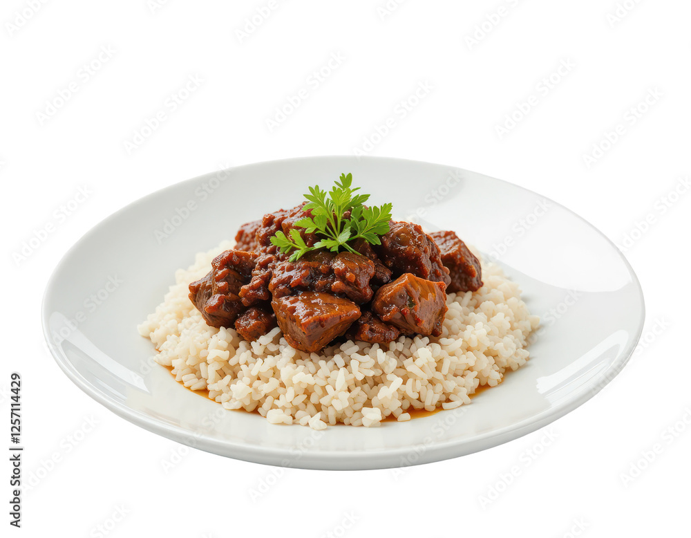 Rice with beef rendang served on a ceramic plate. Indonesian food. Isolated on a transparent or white background
