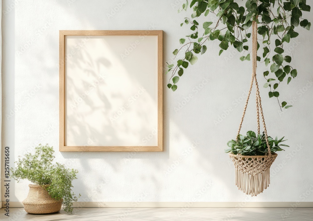 Minimalist Interior Mockup with Vertical Wooden Frame and Macrame Plant Hanger on White Wall for A4 A3 Art Decoration Minimalist Interior Mockup with Vertical Wooden Frame and Macrame Plant Hanger on White Wall for A4 A3 Art Decoration