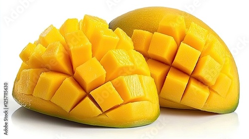 Freshly cut mango halves showcasing vibrant yellow flesh and square pieces on a clean background photo