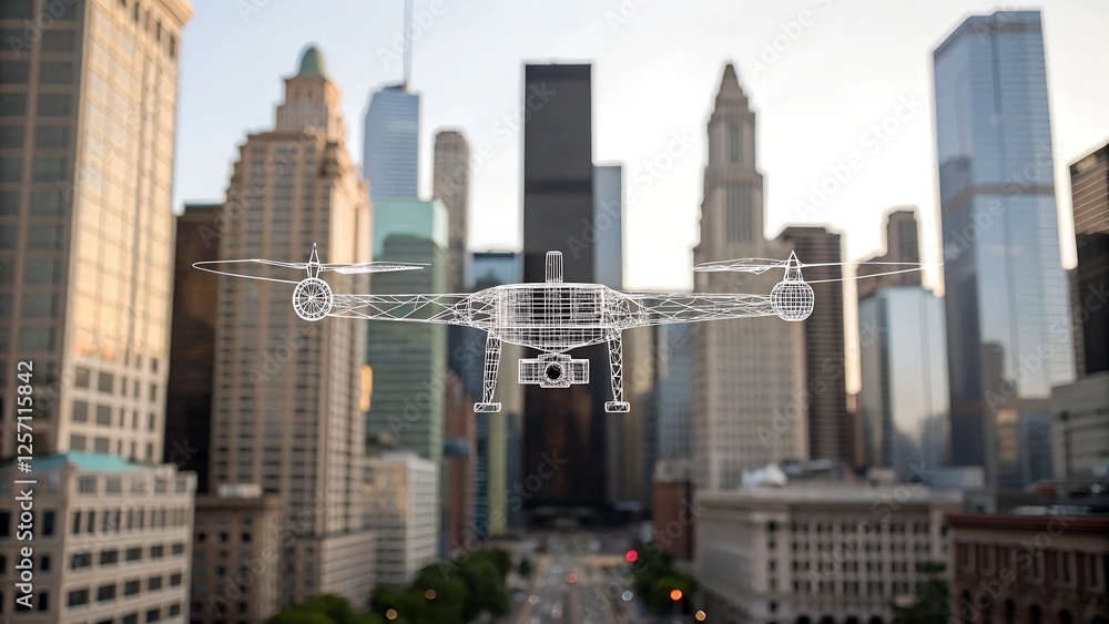 Fototapeta premium A continuous-line art of a drone flying over a cityscape.