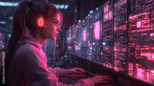Wallpaper Mural A Gamer Girl immersed in a Futuristic Cyberpunk World, illuminated by neon-pink coding screens while wearing glowing headphones, typing with determination on a RGB keyboard. Torontodigital.ca