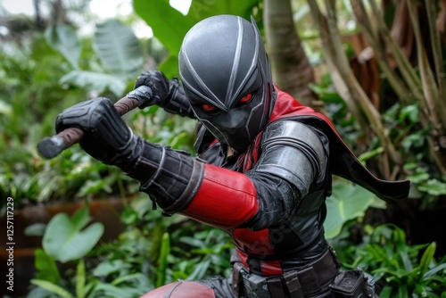 A cosplayer, clad in striking red and black armor, wields a staff amidst lush, verdant foliage.  The detailed costume and intense pose evoke a sense of power and action. photo