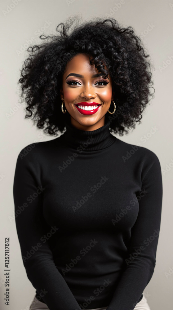 A confident African-American woman with voluminous curly hair striking red lipstick and a radiant smile wearing a fashionable turtleneck sweater. A confident African-American woman with voluminous curly hair striking red lipstick and a radiant smile wearing a fashionable turtleneck sweater.