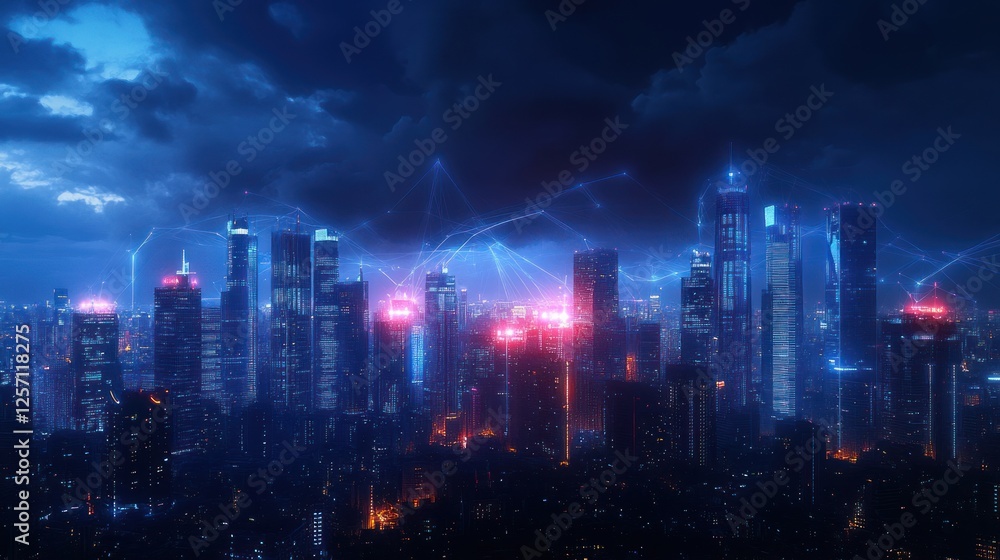 Fototapeta premium Futuristic Smart City with Wireless Communication and Digital Connectivity in a Cyberpunk World