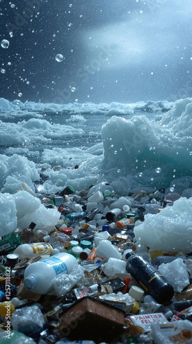 A hailstorm battering an ocean filled with floating trash where chunks of ice collide with drifting plastic bottles and debris. photo