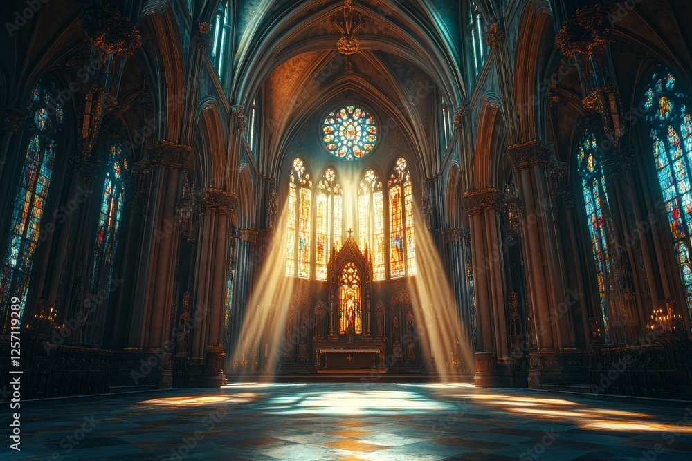 Fototapeta premium Sunbeams in Gothic Cathedral Interior