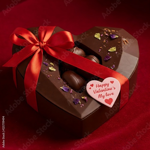 A heart-shaped chocolate box adorned with a red ribbon and a pink heart-shaped tag that reads 