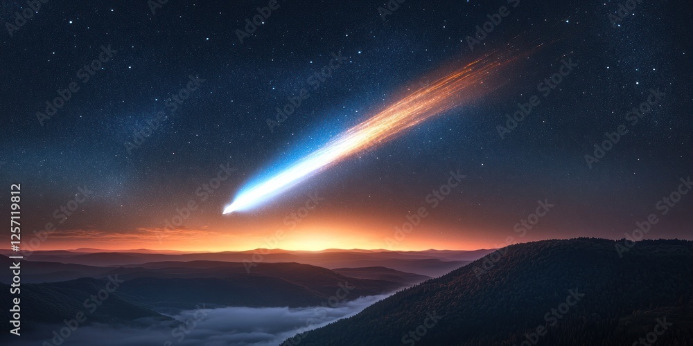 Comet streaks across night sky over mountain range Comet streaks across night sky over mountain range