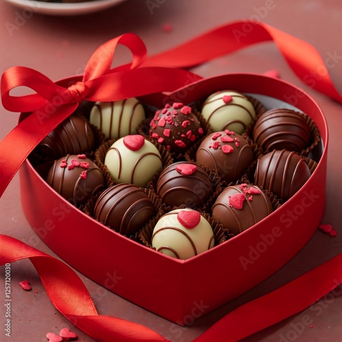 A heart-shaped box filled with various chocolates, decorated with red ribbons, with a red background.
