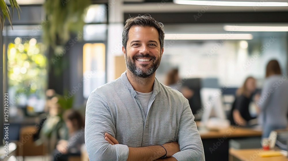 Obraz premium Smiling Male Entrepreneur with Colleagues in Creative Workspace