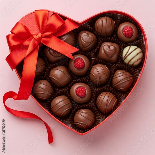 A heart-shaped gift box filled with various chocolate candies, some with raspberries, and adorned with a red ribbon bow.