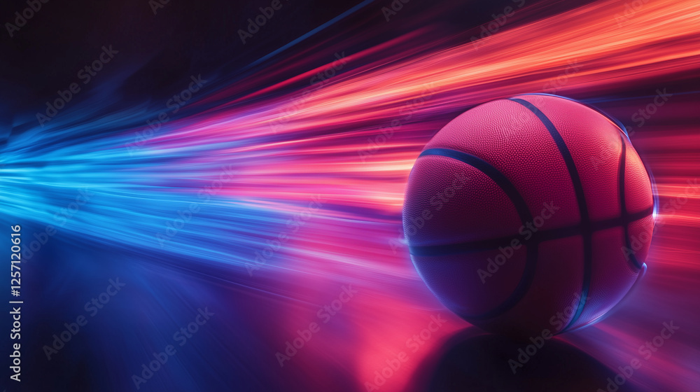 A high-speed basketball with motion blur, glowing red and blue lights, symbolizing energy, competition, and action. Perfect for sports, advertising, and dynamic designs. A high-speed basketball with motion blur, glowing red and blue lights, symbolizing energy, competition, and action. Perfect for sports, advertising, and dynamic designs.