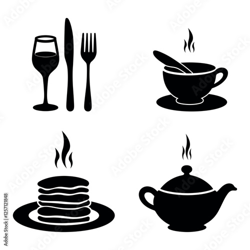 food drink icons, restaurant menu symbols, mealtime vector set
