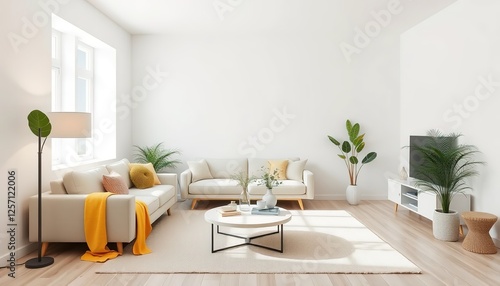 A simple living room with white walls a sofa and coffee table a carpet on the floor green plants in vases a lamp stand a yellow blanket and light colored decorative  8k Photo