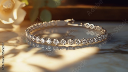 An elegant diamond-studded bracelet resting on a marble countertop, showcasing the intricate details and the sparkle of each stone photo