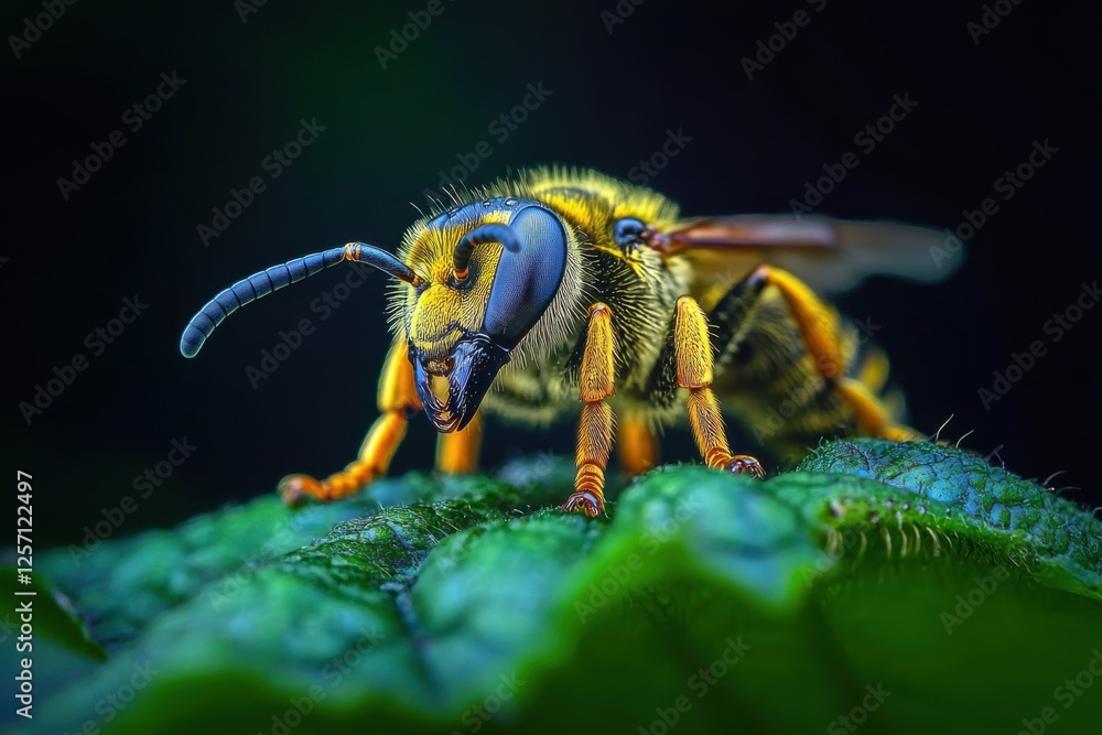 Leafcutter Wasp bee, The insect's back is visible, full body shot, Close-up View, isolated on dark background Leafcutter Wasp bee, The insect's back is visible, full body shot, Close-up View, isolated on dark background