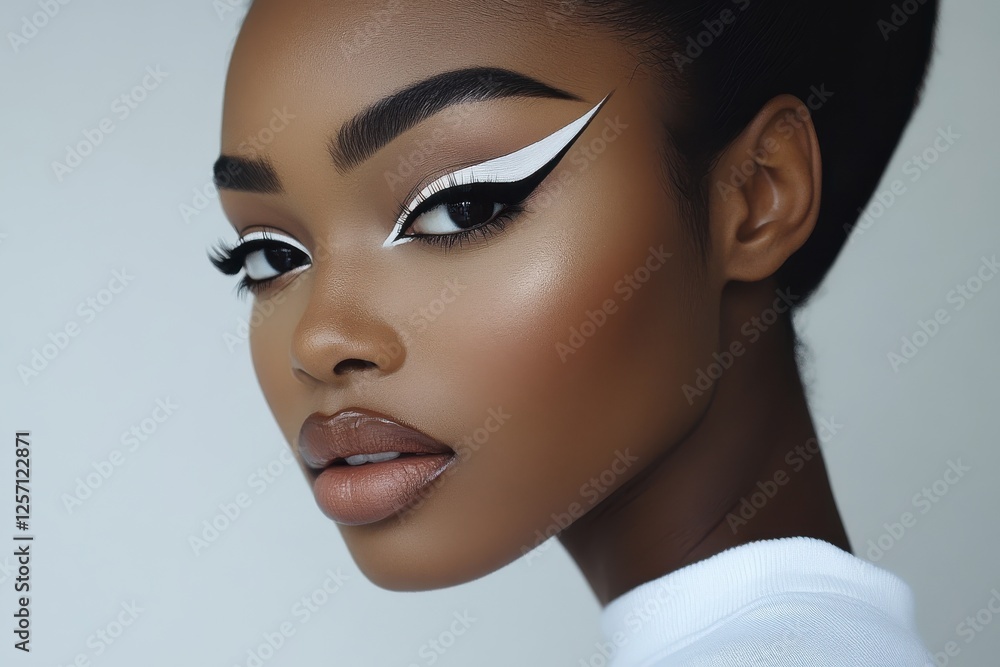 Fototapeta premium Close-up of a woman's face featuring striking graphic eyeliner.