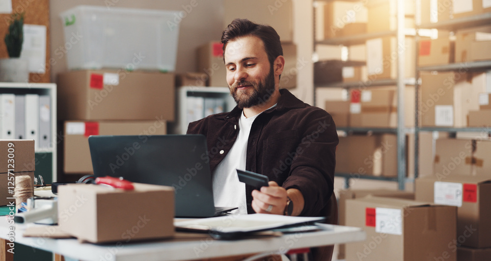 Happy, businessman and laptop with credit card for ecommerce, logistics or buying stock at warehouse. Man, distributor or online shopping with computer or debit for shipping or distribution business Happy, businessman and laptop with credit card for ecommerce, logistics or buying stock at warehouse. Man, distributor or online shopping with computer or debit for shipping or distribution business