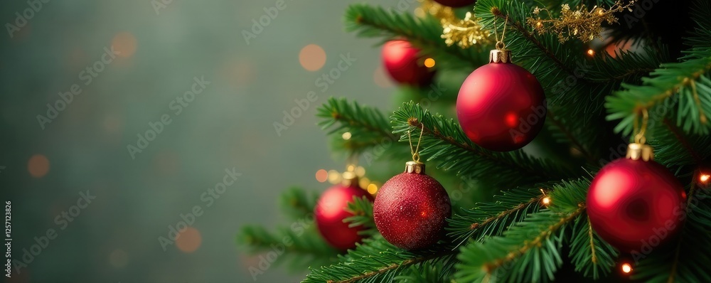 Fir tree adorned with large red balls and delicate gold garland, garland, gold, branches Fir tree adorned with large red balls and delicate gold garland, garland, gold, branches