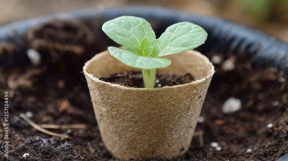 A close-up of a seedling in a biodegradable pot, ready to be planted, with the tender leaves and roots visible against the soft texture of the pot. A close-up of a seedling in a biodegradable pot, ready to be planted, with the tender leaves and roots visible against the soft texture of the pot.