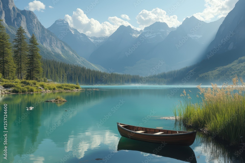 a boat is floating on the water in front of mountains a boat is floating on the water in front of mountains