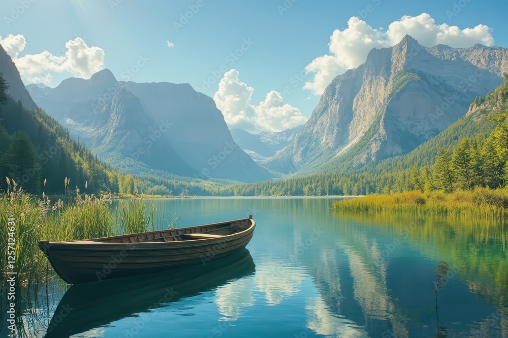 a boat on a lake in the mountains a boat on a lake in the mountains