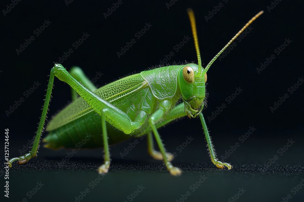 the beside view Grasshopper standing, left side view, low angle, white copy space on right, Isolated on black Background the beside view Grasshopper standing, left side view, low angle, white copy space on right, Isolated on black Background