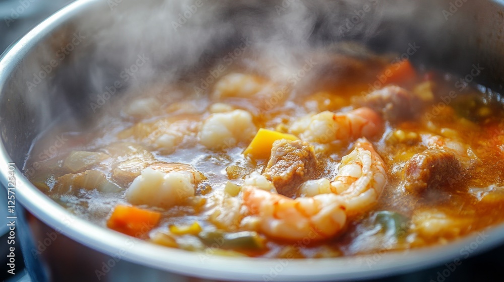 A close-up of seafood gumbo simmering in a pot, filled with shrimp, sausage, and vegetables, showcasing the rich and hearty flavors of this classic dish A close-up of seafood gumbo simmering in a pot, filled with shrimp, sausage, and vegetables, showcasing the rich and hearty flavors of this classic dish