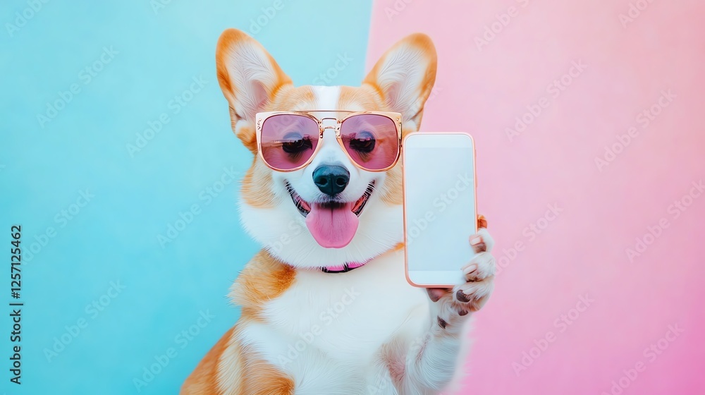 Fototapeta premium Happy dog with sunglasses and smartphone