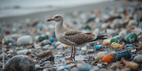 Wallpaper Mural a seagull standing on a beach surrounded by plastic bottles Torontodigital.ca