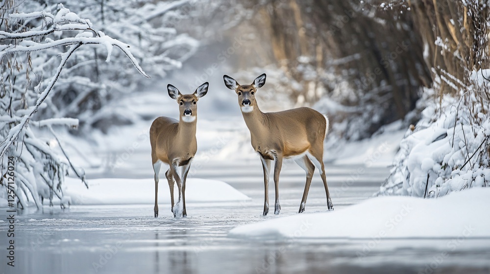 Obraz premium Two White-Tailed Deer in a Snowy Winter Landscape