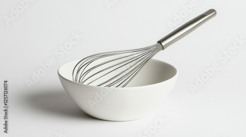 Empty white bowl with whisk, studio shot photo