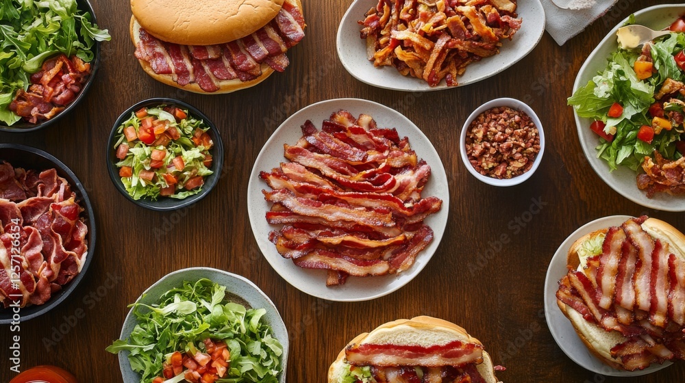 A creative flat lay of various bacon dishes, including bacon sandwiches, salads with bacon bits, and a side of crispy bacon strips, showcasing versatility A creative flat lay of various bacon dishes, including bacon sandwiches, salads with bacon bits, and a side of crispy bacon strips, showcasing versatility