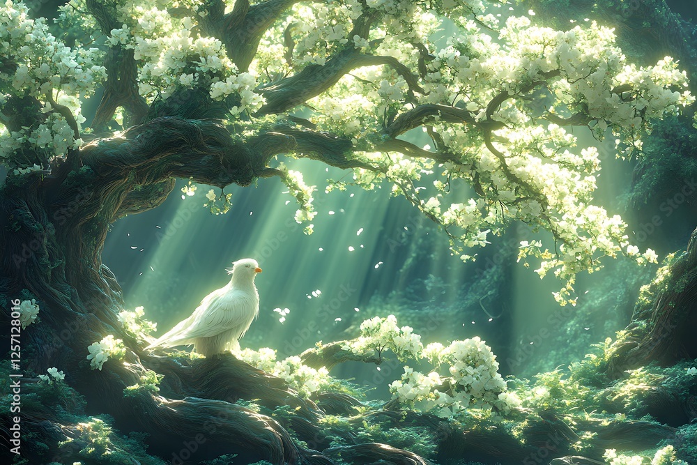 Fototapeta premium A tree with lush green leaves, and a bird is perched on one of its branches, with sunlight filtering through.