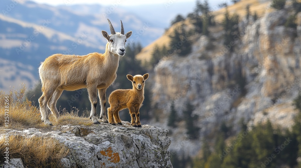 Obraz premium Mountain goats standing on a rocky ledge with a scenic backdrop of hills and trees