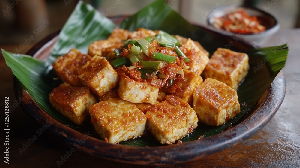 Delicious Spicy Tofu Cubes in Aromatic Sauce, Served on Banana Leaf, Indonesian Cuisine Delicious Spicy Tofu Cubes in Aromatic Sauce, Served on Banana Leaf, Indonesian Cuisine