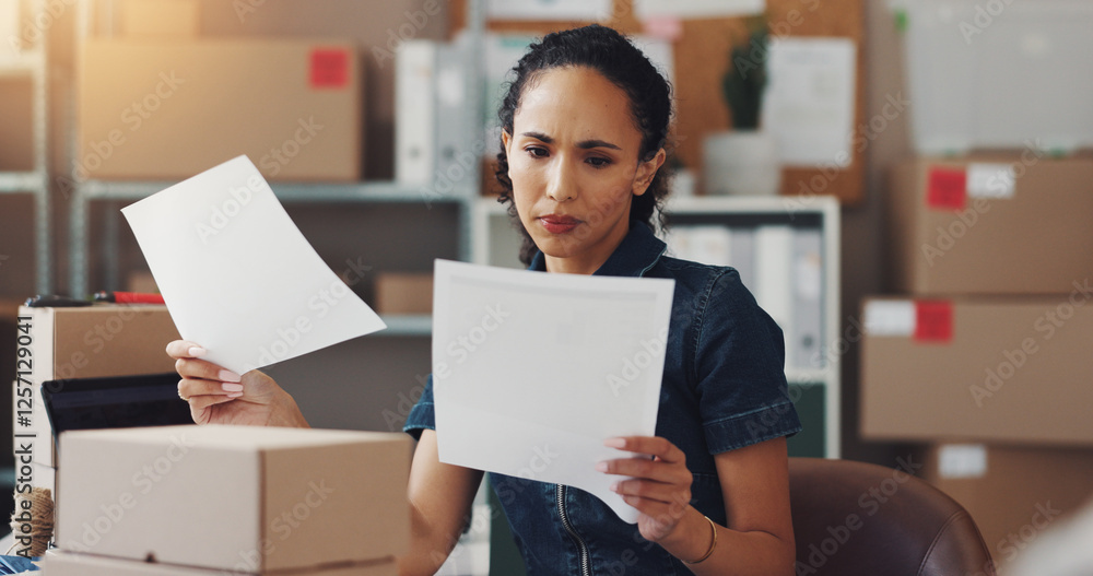 Fototapeta premium Confused woman, logistics or documents with invoice for shipping cost or delivery expense at warehouse. Female person, distributor or inspection with paperwork for supply chain or budget at depot