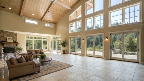 Large bright living area with high ceiling and large windows  light wood furniture  modern  patio door  sofa  armchairs