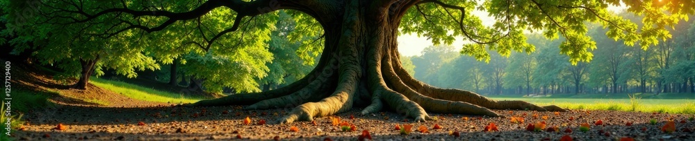 Large tree with roots exposed in the dry ground, forest, nature